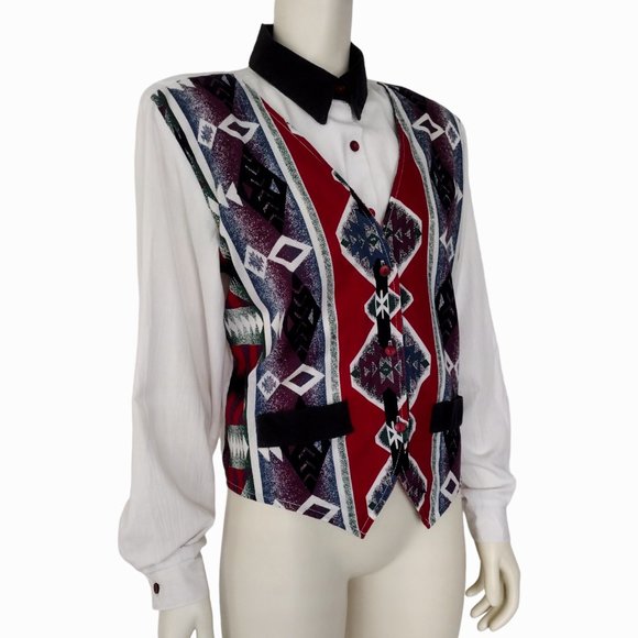 Vintage 1980s Tapestry Roll Tab Sleeve Button Down Faux Vest Shirt - Picture 2 of 15